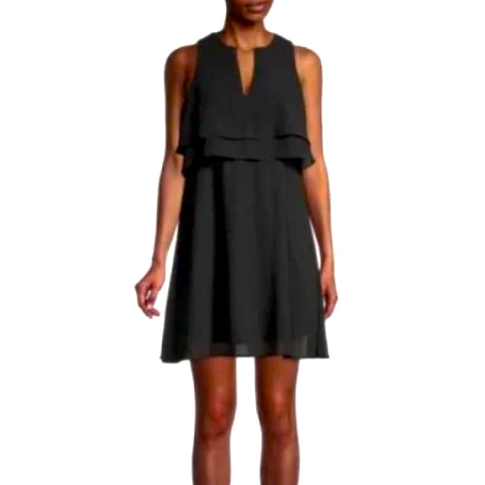 NWT TASH + SOPHIE Black Chiffon Popover Layered Dress Knee Length Sleeveless S